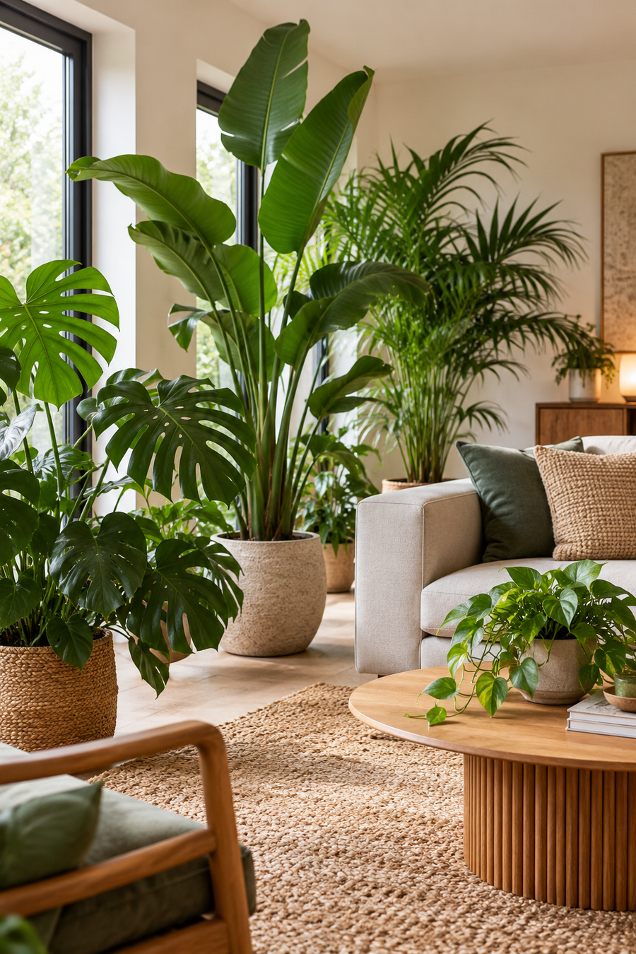 Grote kamerplanten in de woonkamer