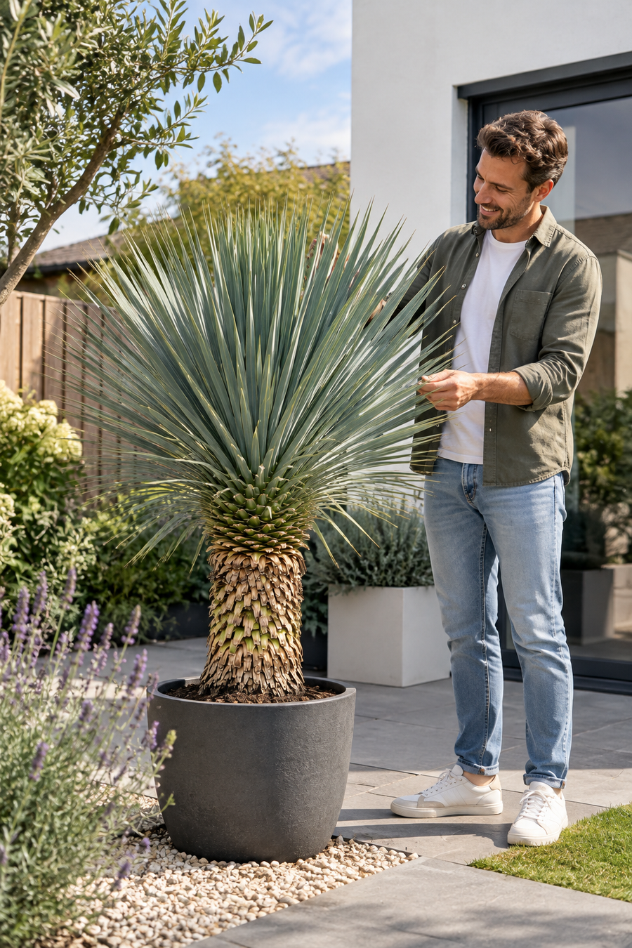 Man en Yucca-plant buiten in moderne tuin