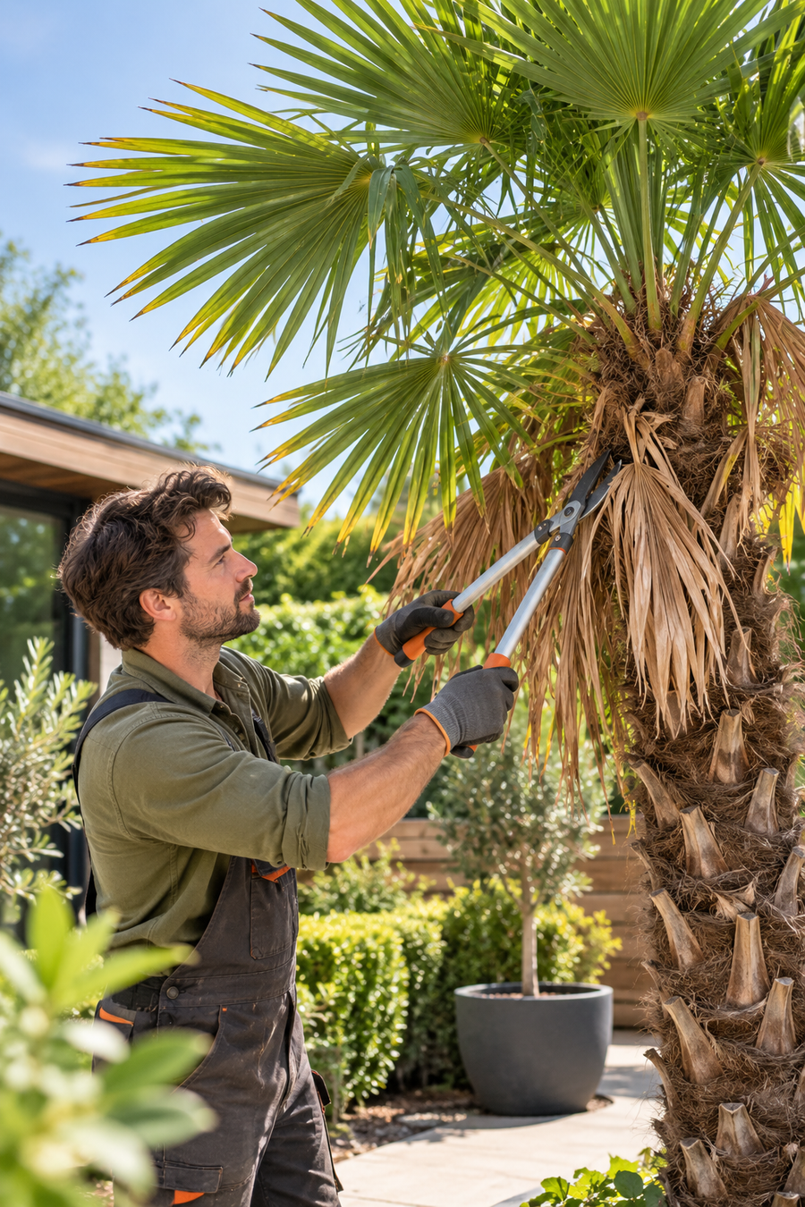 Palmboom snoeien bij een Trachycarpus fortunei