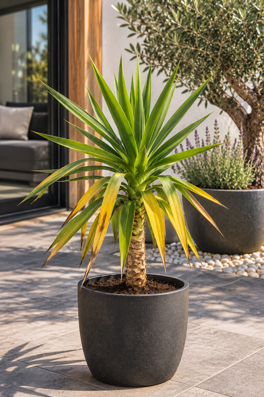gele bladeren aan een Yucca in moderne patio pot