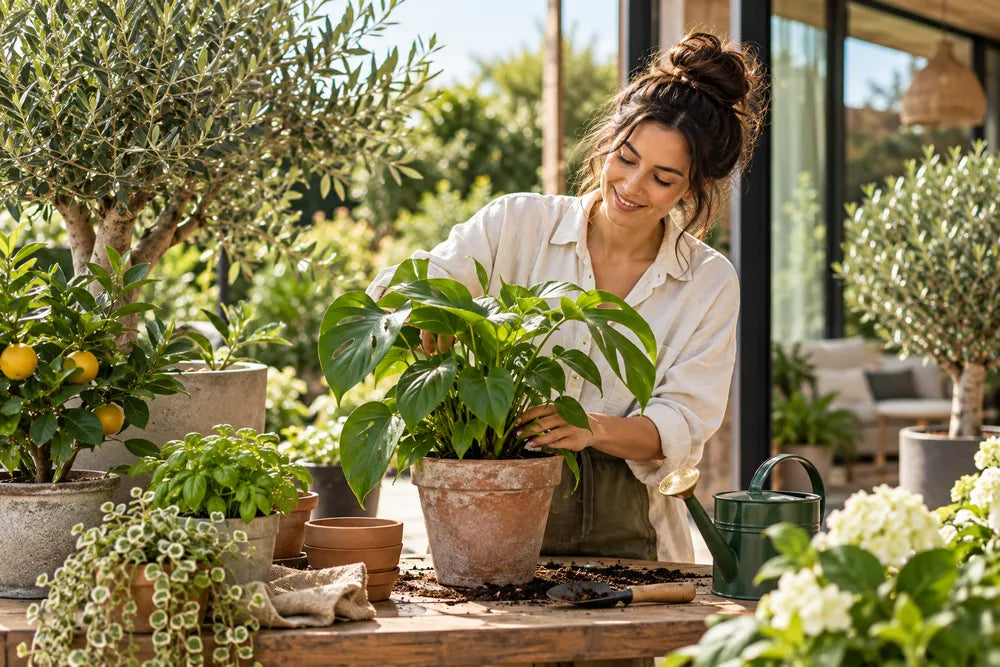 Vrouw verzorgt planten op een zonnige patio