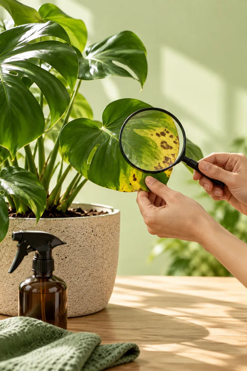 Monstera inspecteren met een vergrootglas