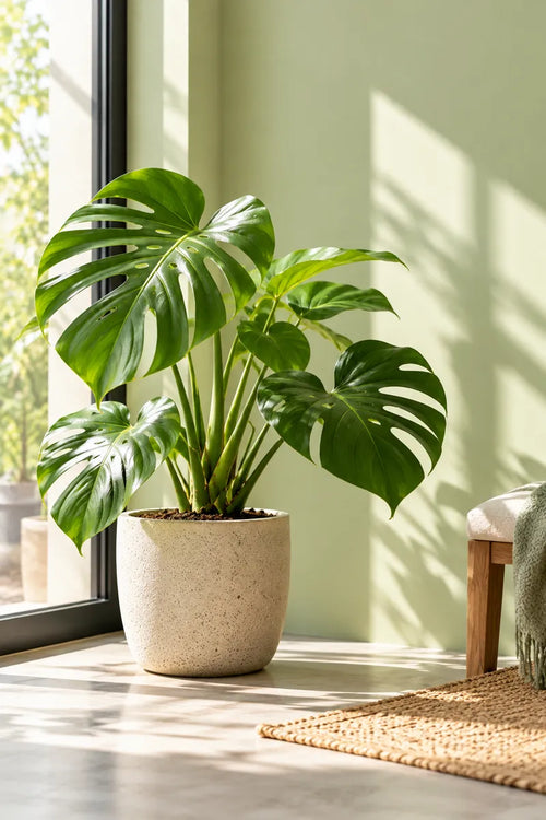 Monstera op een zonnige plek in een rustig interieur