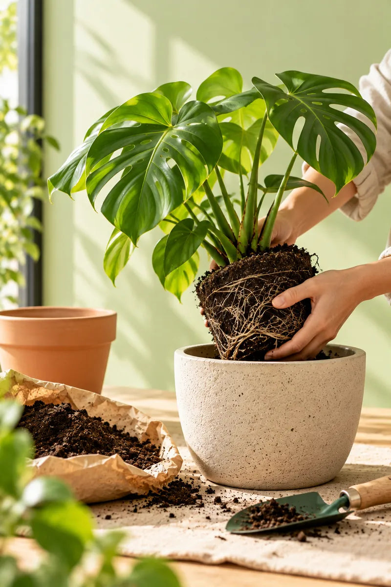 Monstera verpotten in warm zonlicht