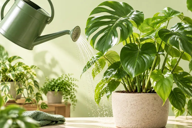 Monstera water geven in een groen interieur