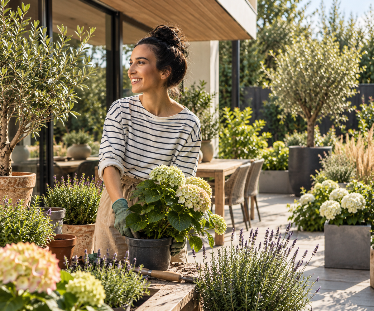 Vrouw met bloeiende tuinplanten op het terras