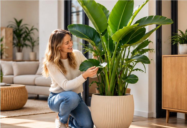 Vrouw bekijkt haar nieuwe Strelitzia in een lichte woonkamer