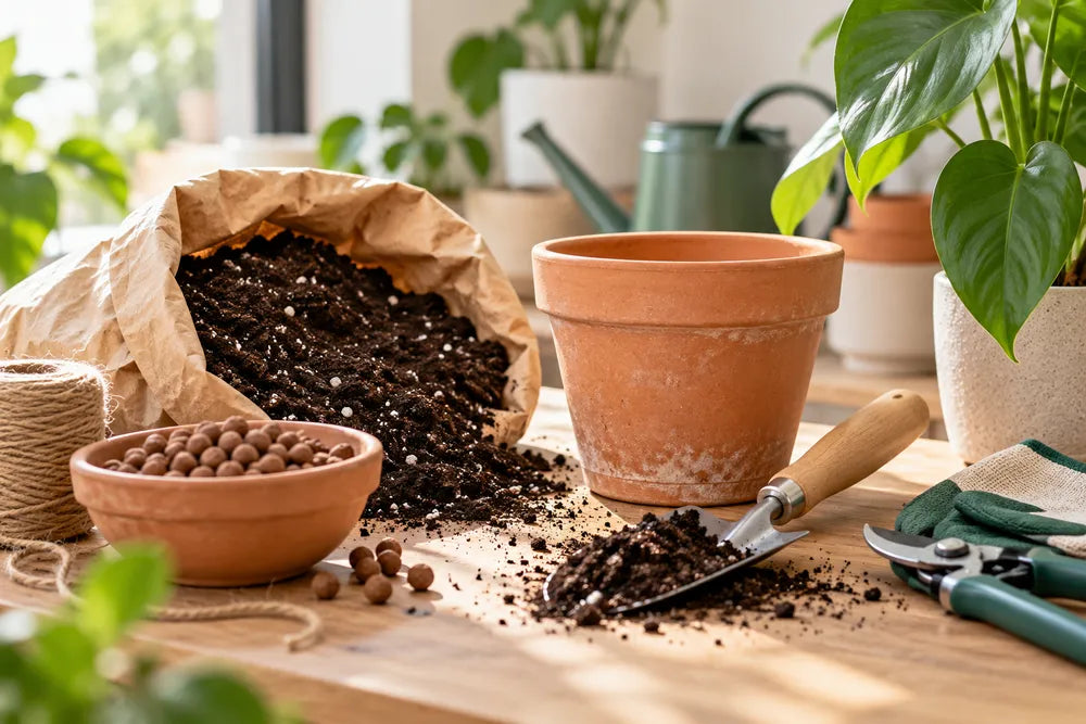 Gezellige tafel met potgrond en gereedschap voor het verzorgen van planten