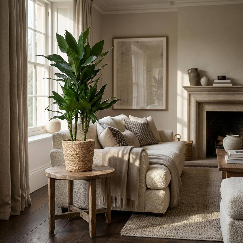 Dracaena Janet Lindt (drakenboom) met zeegras mand – Ø21 cm, 95 cm hoog