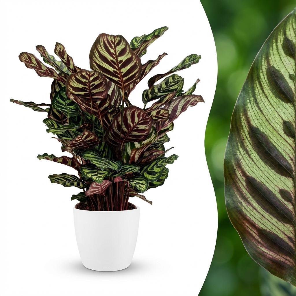 Calathea makoyana im weißen Übertopf von Potter – Ø 19 cm, 70 cm hoch