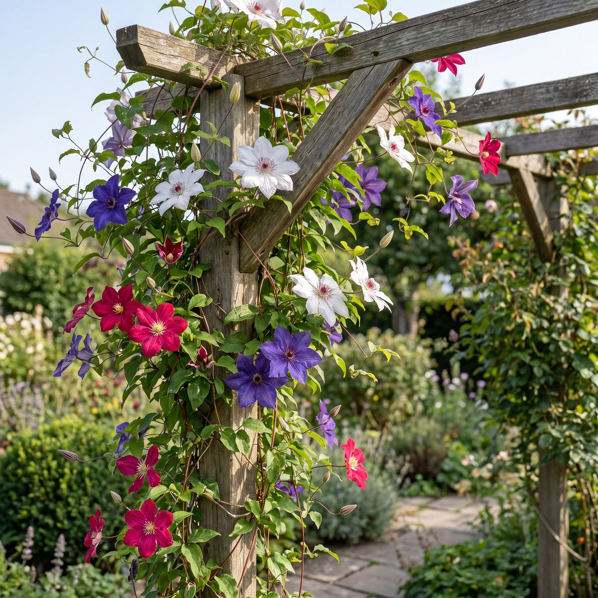 Clematis 'Tricolour' (driekleurige bosrank) – paars-roze-wit – 6 planten, Ø9 cm, 35 cm hoog