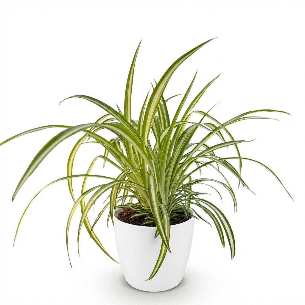Chlorophytum comosum Variegatum (græsløg) i Potter-pyntepotte hvid – Ø12 cm, 20 cm høj