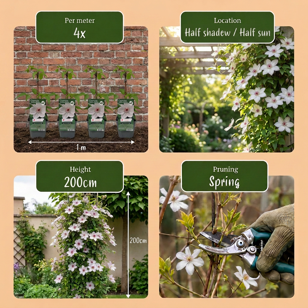 Clematis 'Miss Bateman' (bosrank) – wit – 4 planten, Ø9 cm, 35 cm hoog
