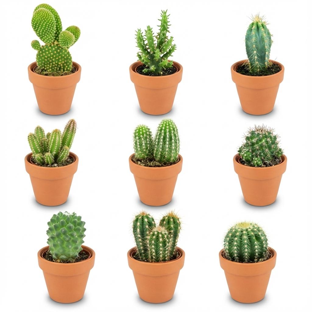 9× Mini Kaktus Mix (Cactaceae) – Ø8 cm, 5–10 cm høj
