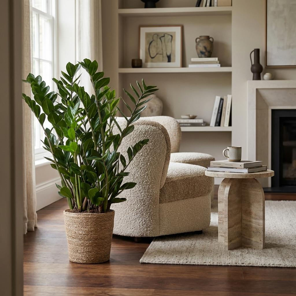 Zamioculcas zamiifolia (Glücksfeder) im Seegras-Korb – Ø 21 cm, 80 cm hoch