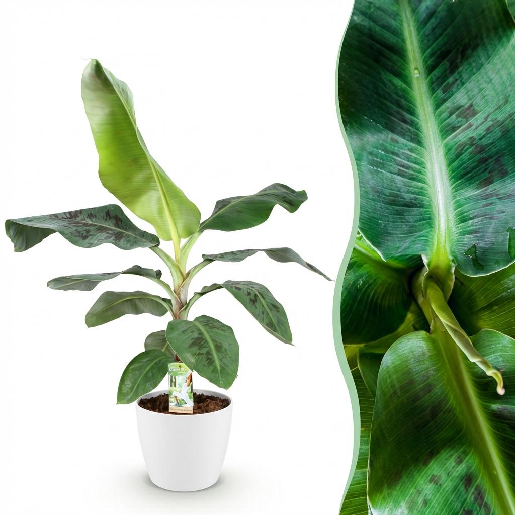 Musa acuminata Dwarf Cavendish (bananier) en pot décoratif Potter blanc – Ø 21 cm, 70–75 cm de haut