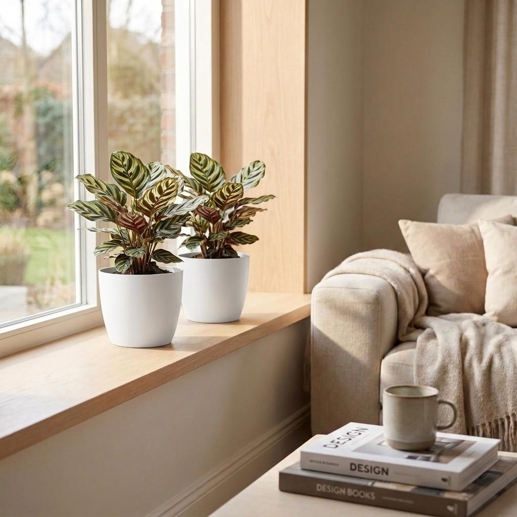 4× Calathea makoyana dans pot décoratif blanc Potter – Ø12 cm, 25 cm de haut