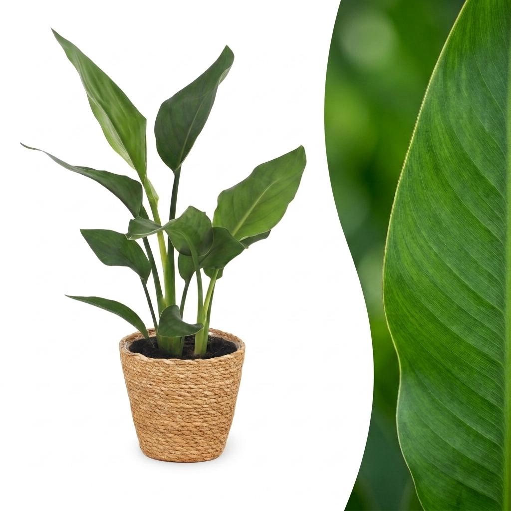 Strelitzia reginae (Paradiesvogelblume) im Seegras-Korb – Ø 12 cm, 35 cm hoch