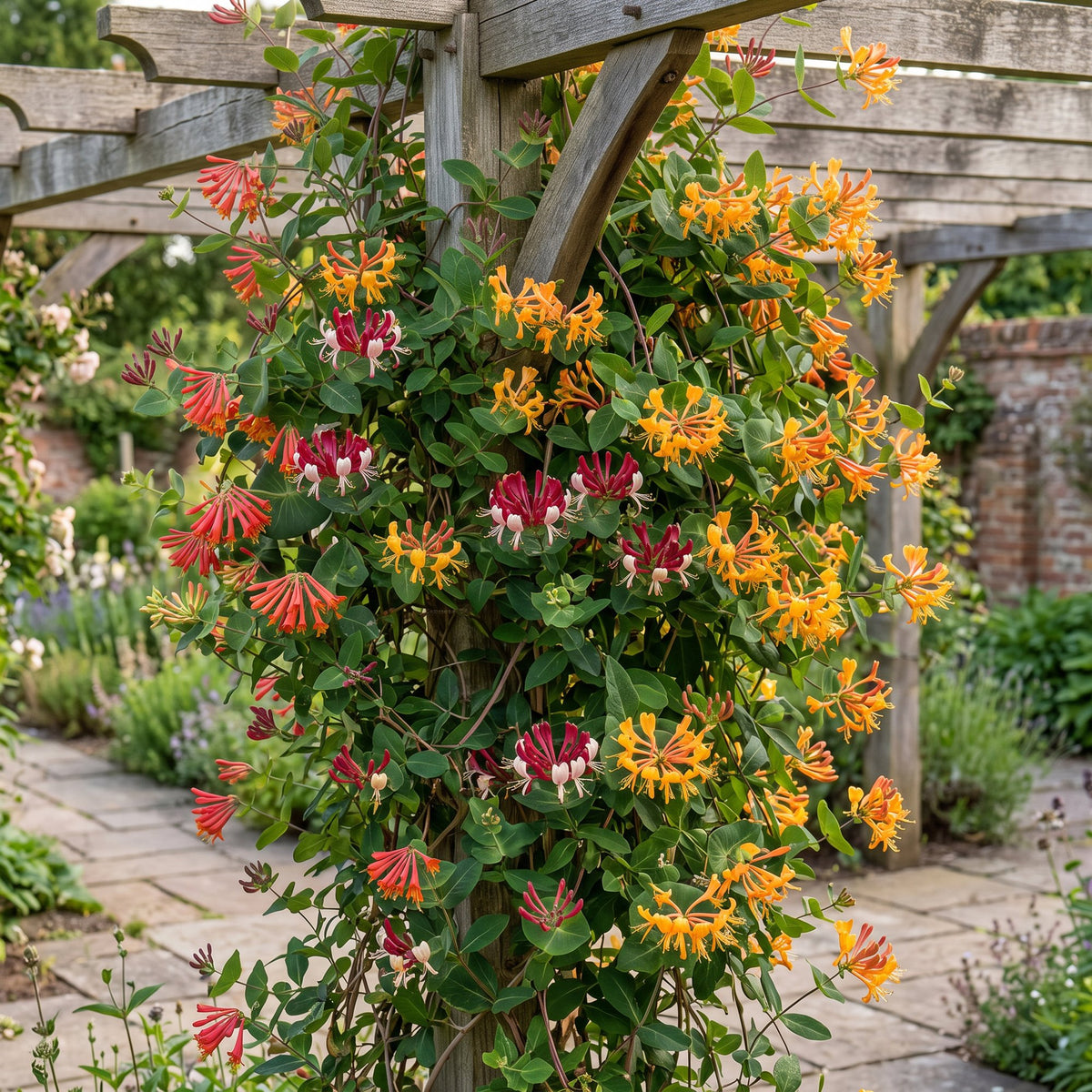 Lonicera 'Tricolour' (three-colored honeysuckle) – red-purple-orange-yellow – 9 plants, Ø9 cm, 35 cm high – photo 4