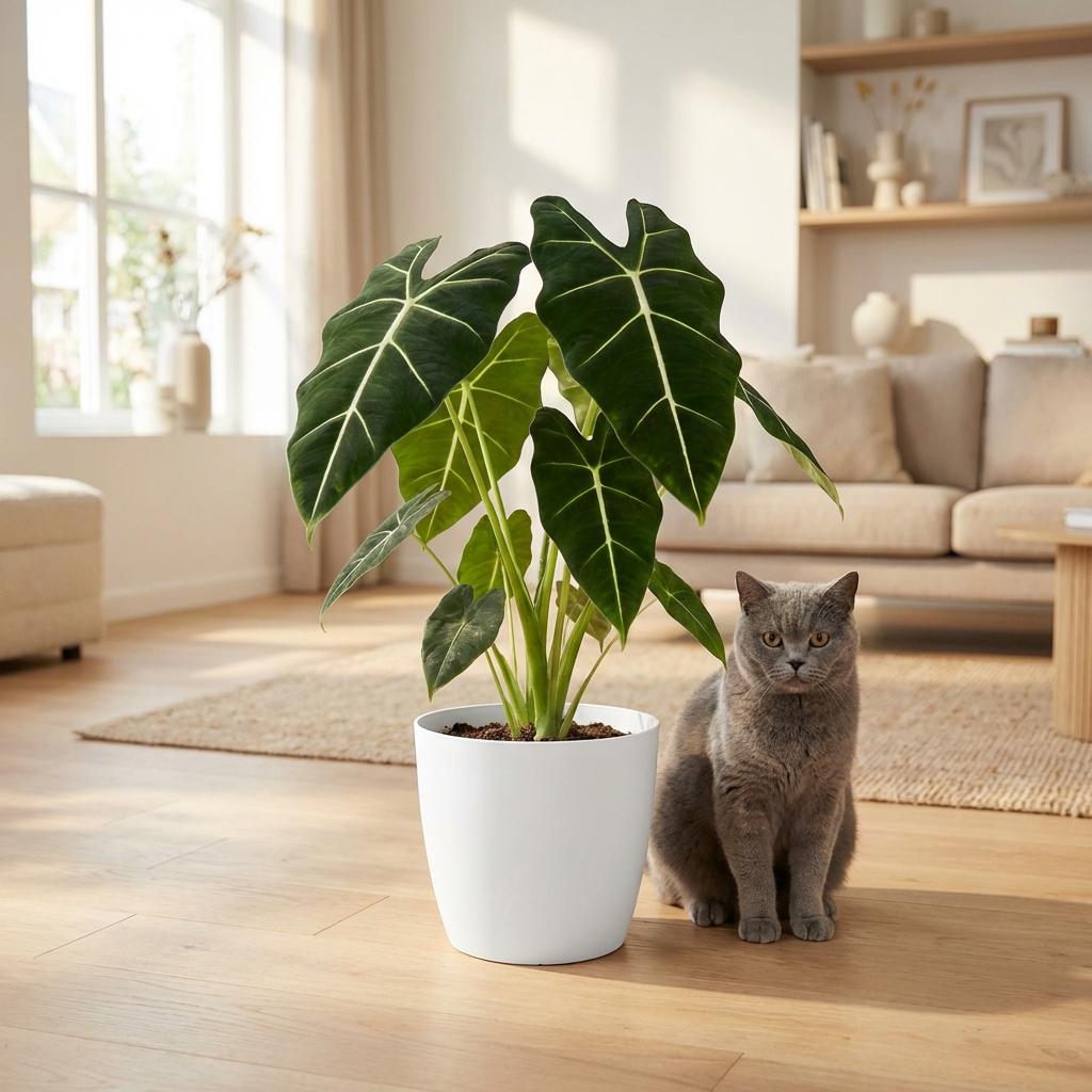 Alocasia Frydek (oreille d'éléphant) en pot de décoration Potter blanc – Ø19 cm, 60 cm de haut