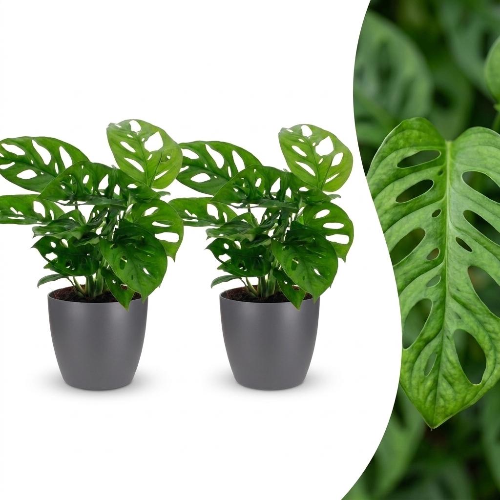 2× Monstera adansonii (Mini-Monstera) im grauen Tontopf – Ø 12 cm, 25 cm hoch