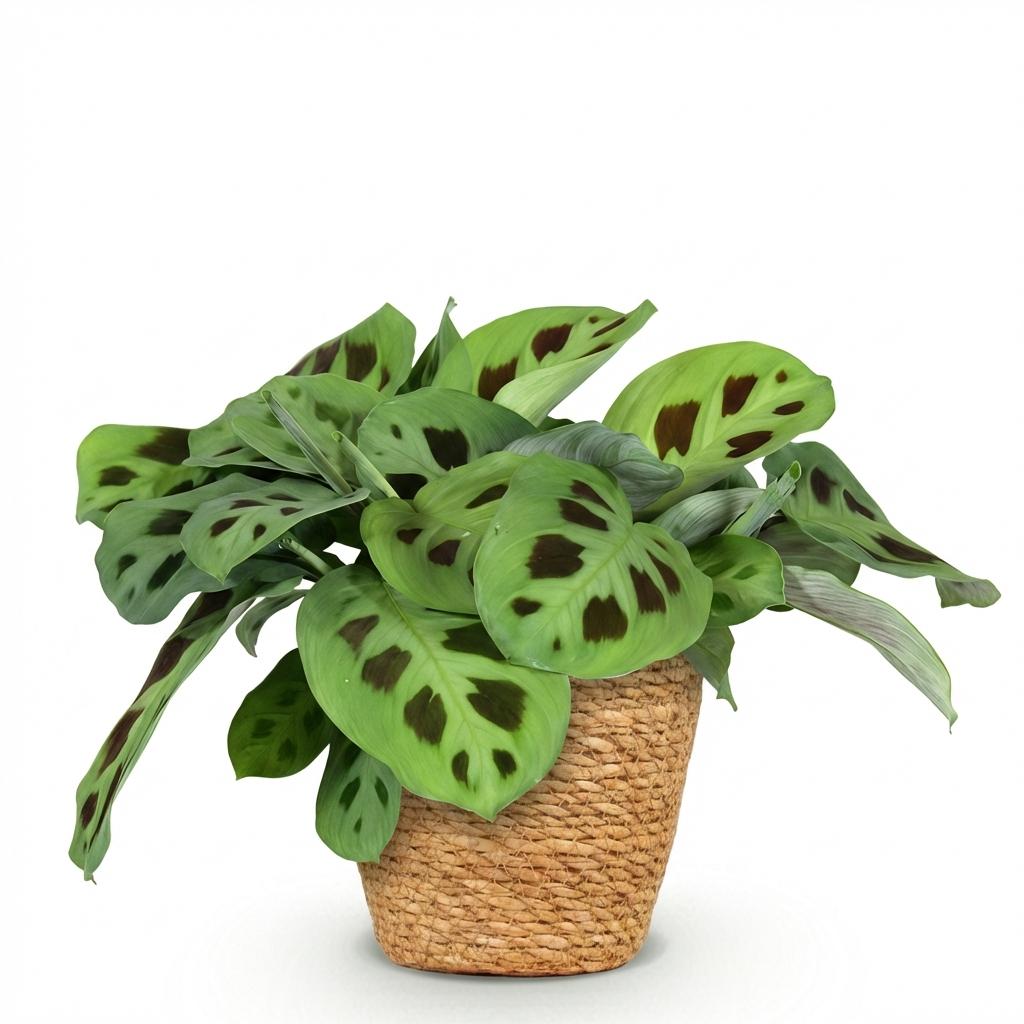 Maranta Fascinator Kerchoveana (bedejaguar) med kurv – Ø12 cm, 25 cm høj