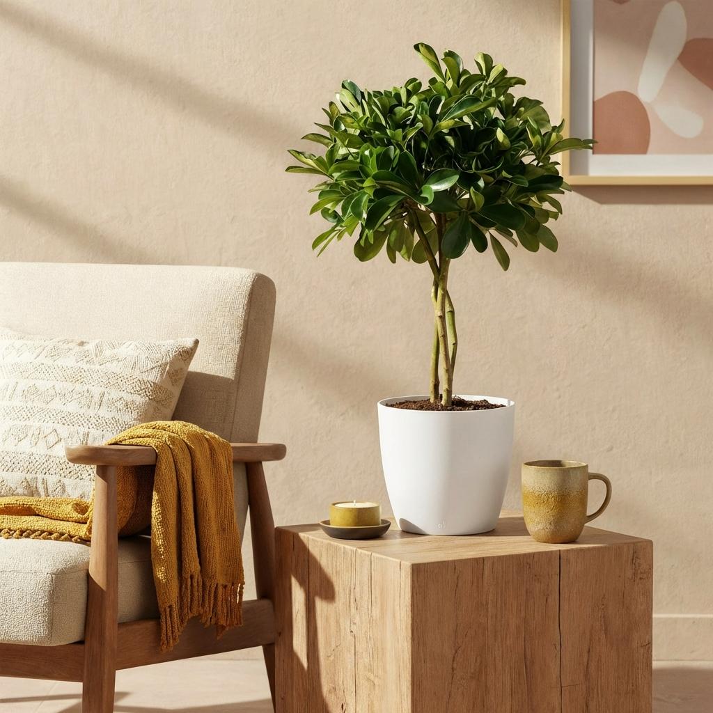 Schefflera Gold Capelle (vingersboom) in Potter-sierpot wit – Ø21 cm, 70–80 cm hoog