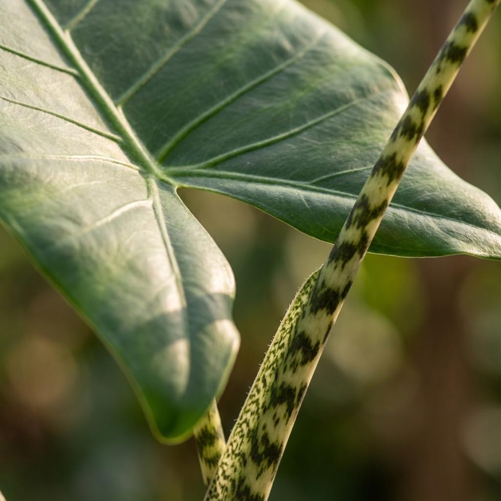 Alocasia zebrina (elefantøre) i hvid Potter-pyntepotte – Ø21 cm, 70–75 cm høj