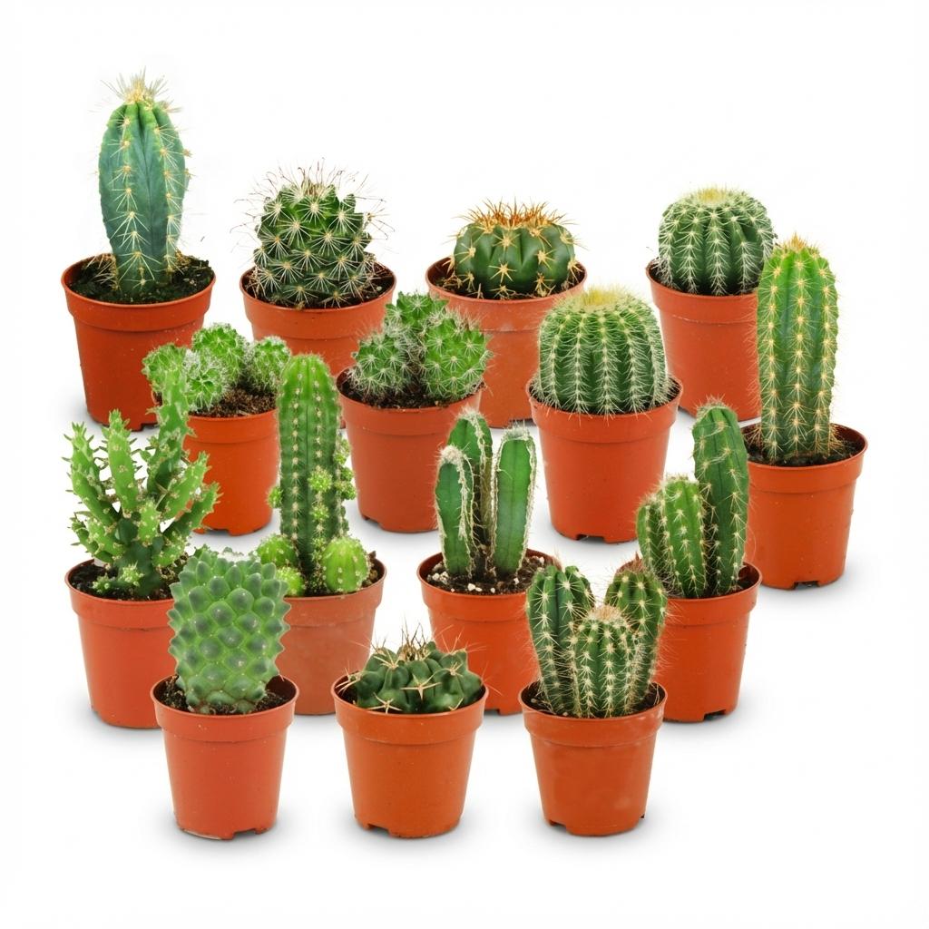 Lot de 15 mini-cactus (Cactaceae) – Ø 6 cm, 5 à 10 cm de haut