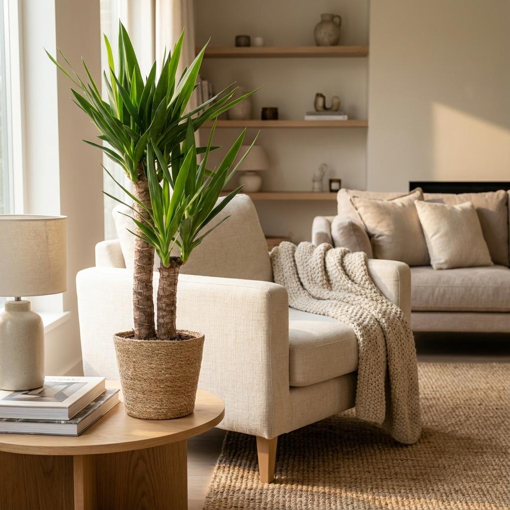 Yucca elephantipes med kurv i søgræs – Ø21 cm, 90 cm høj