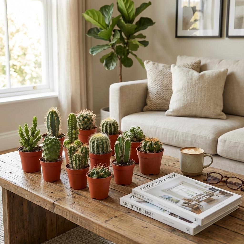 Lot de 3 mini-cactus (Cactaceae) – Ø 6 cm, 5 à 10 cm de haut