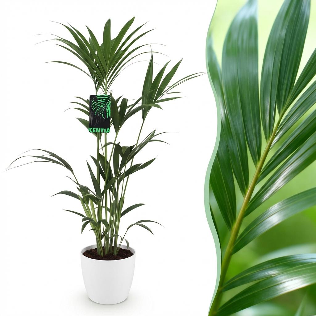 Howea forsteriana (kentiapalm) in Potter-sierpot wit – Ø21 cm, 120–130 cm hoog