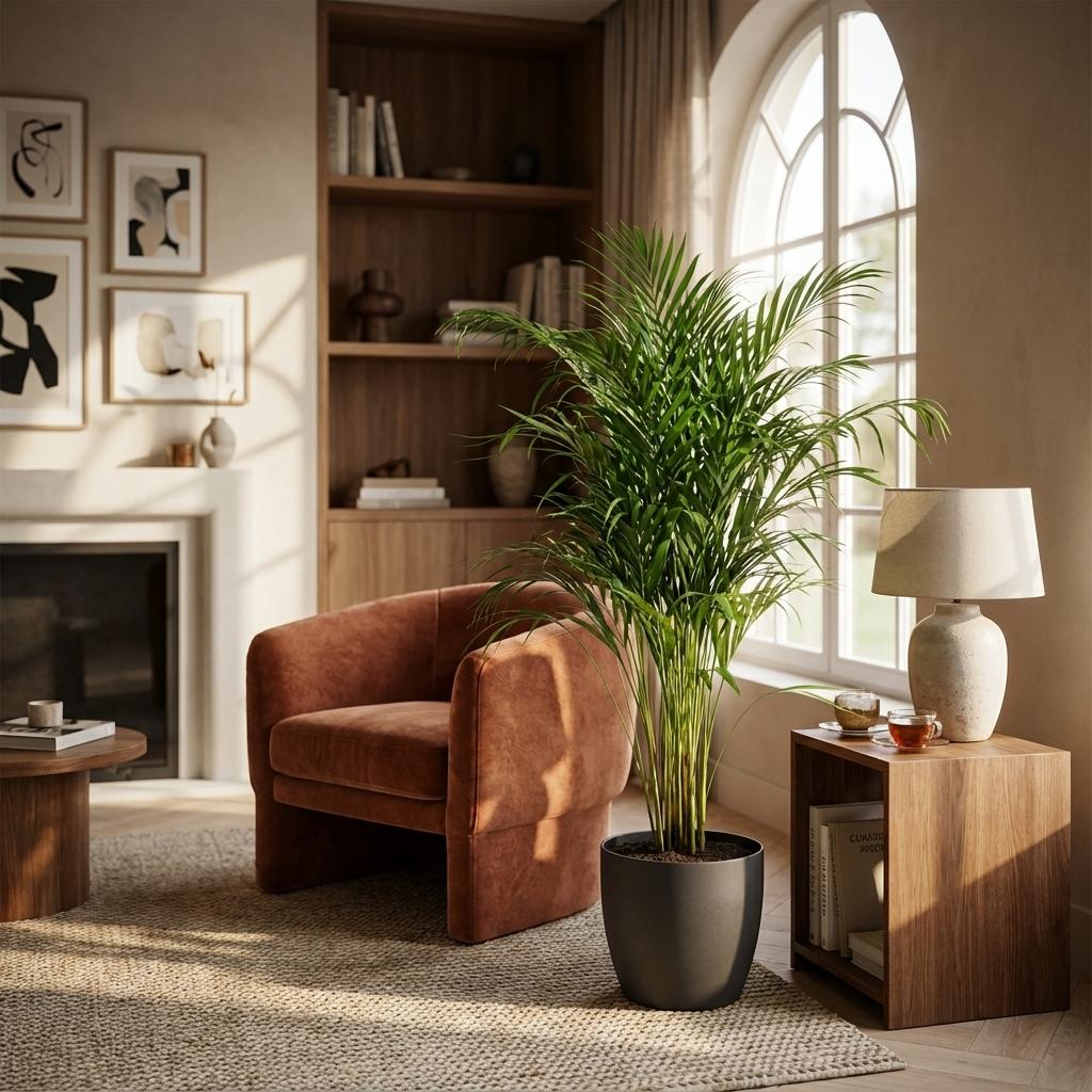 Dypsis (guldfeniks) i grå pyntekrukke – Ø21 cm, 100 cm høj