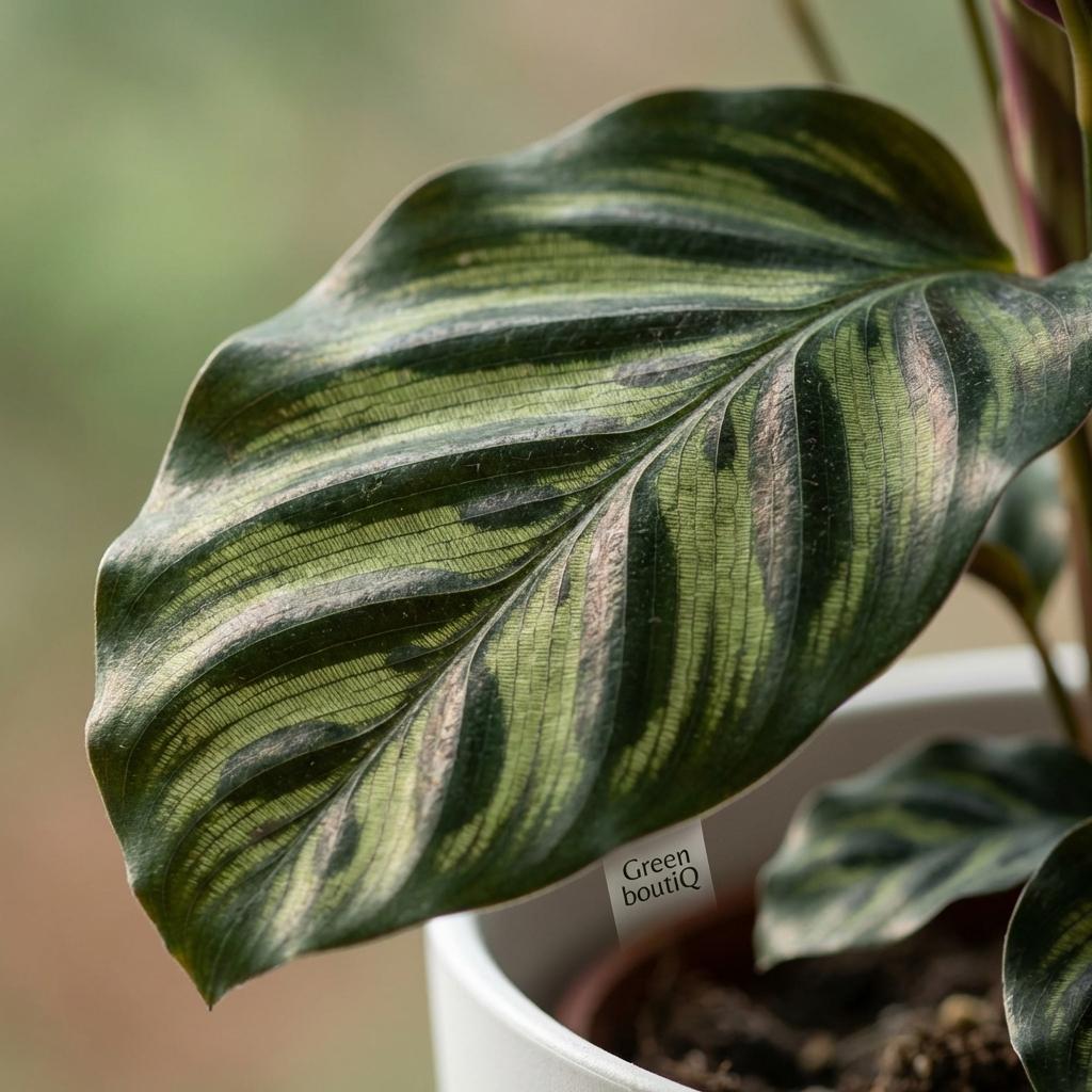 Calathea makoyana im weißen Übertopf von Potter – Ø 19 cm, 70 cm hoch