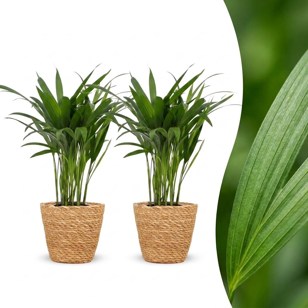 2× Areca lutescens (Dypsis) med kurv i søgræs – Ø12 cm, 45 cm høj