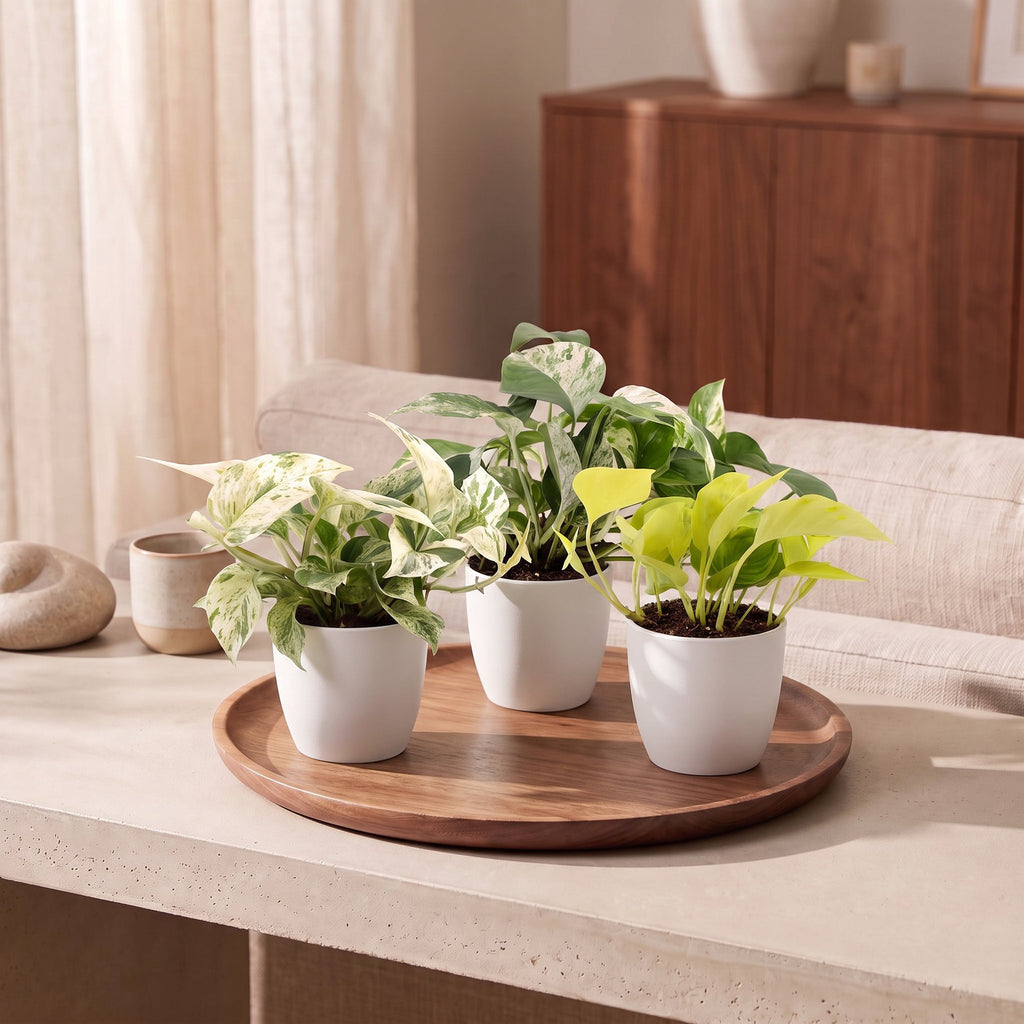 3× Epipremnum Tricolour (scindapsus) dans un pot blanc – Ø6 cm, 20–25 cm de haut