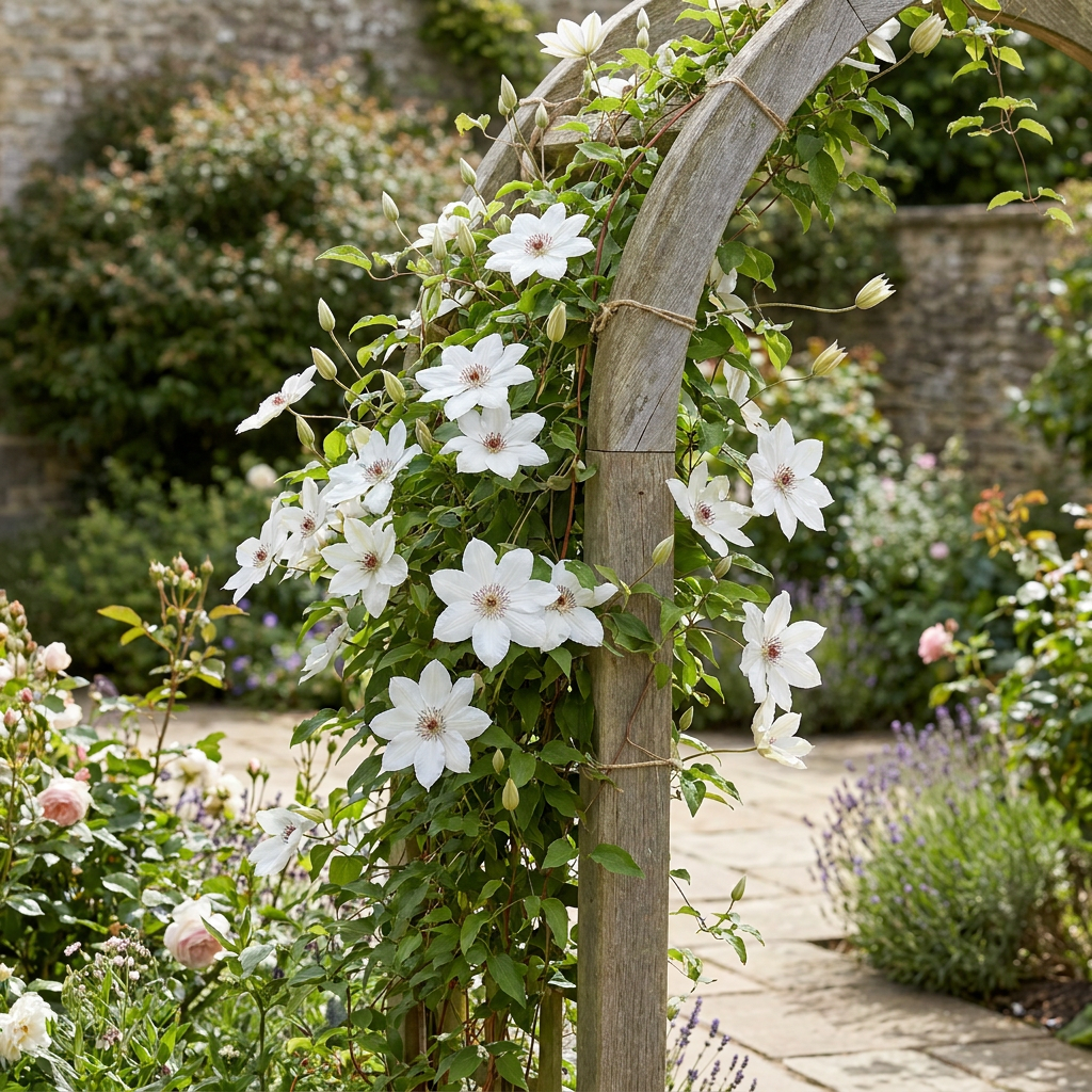 Clematis 'Miss Bateman' (bosrank) – wit – 2 planten, Ø9 cm, 35 cm hoog