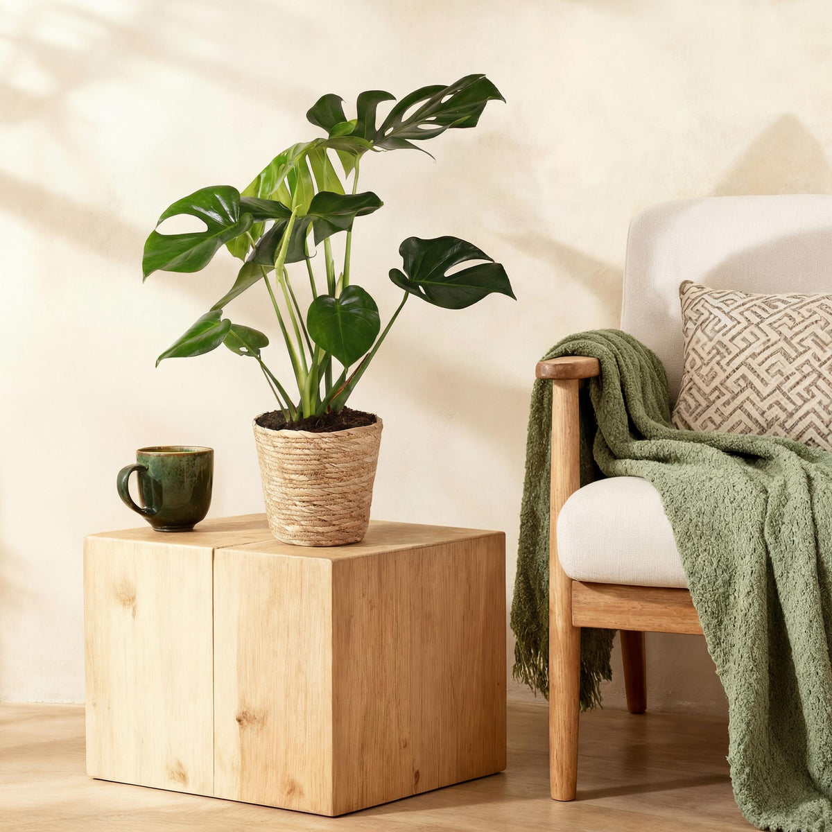 Monstera deliciosa (Fensterblatt) mit Korb – Ø 17 cm, 50–55 cm hoch