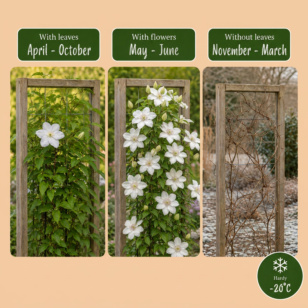 Clematis 'Jackmanii Huldine' (Waldrebe) – weiß – Ø9 cm, 35 cm hoch