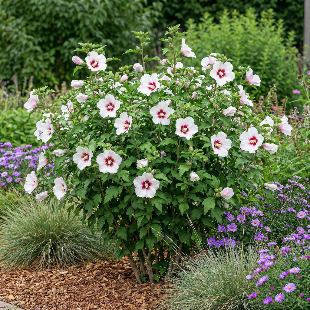 Hibiscus syriacus 'Hamabo' (trädgårdshibiskus) – ljusrosa – Ø17 cm, 45 cm hög – bild 6