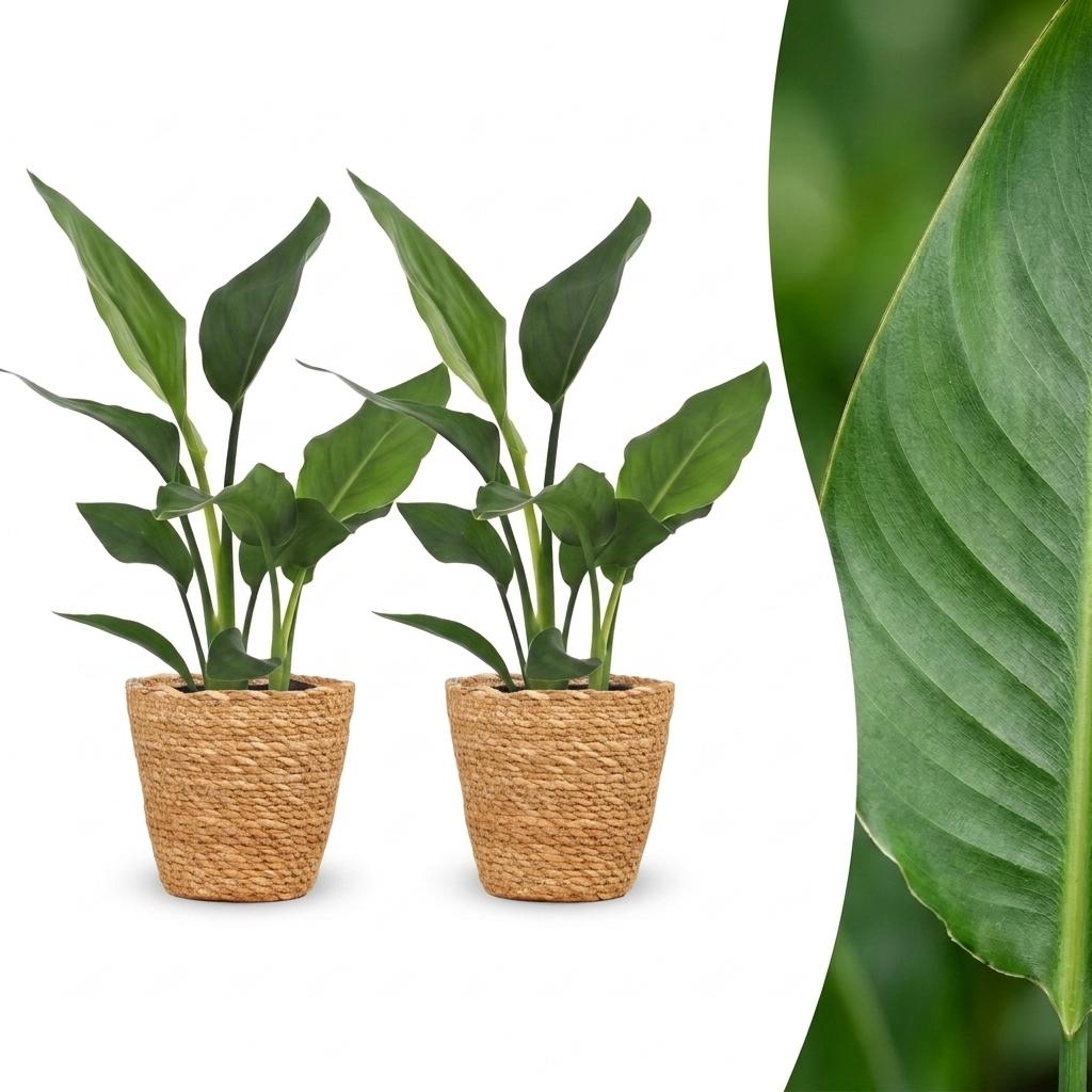 2× Strelitzia reginae (paradisfugleblomst) med kurv – Ø12 cm, 35 cm høj