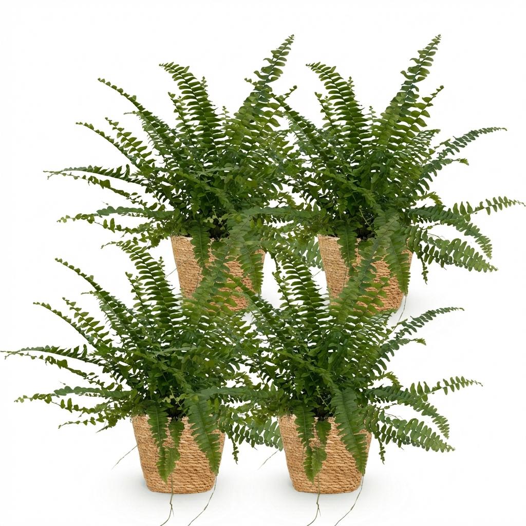 4× Nephrolepis exaltata Green Lady (sværdbreg) med kurv – Ø12 cm, 25 cm høj