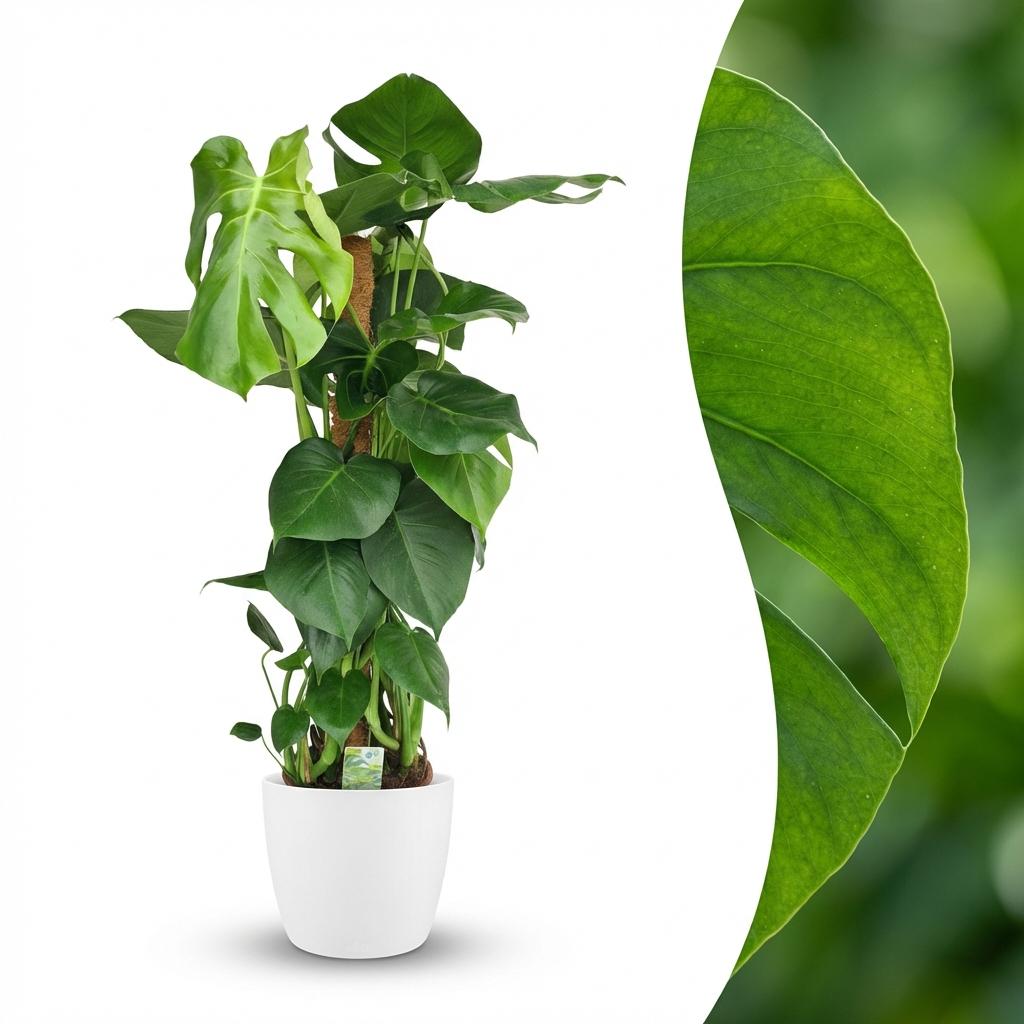 Monstera deliciosa (Fensterblatt) im weißen Übertopf – Ø 19 cm, 90 cm hoch