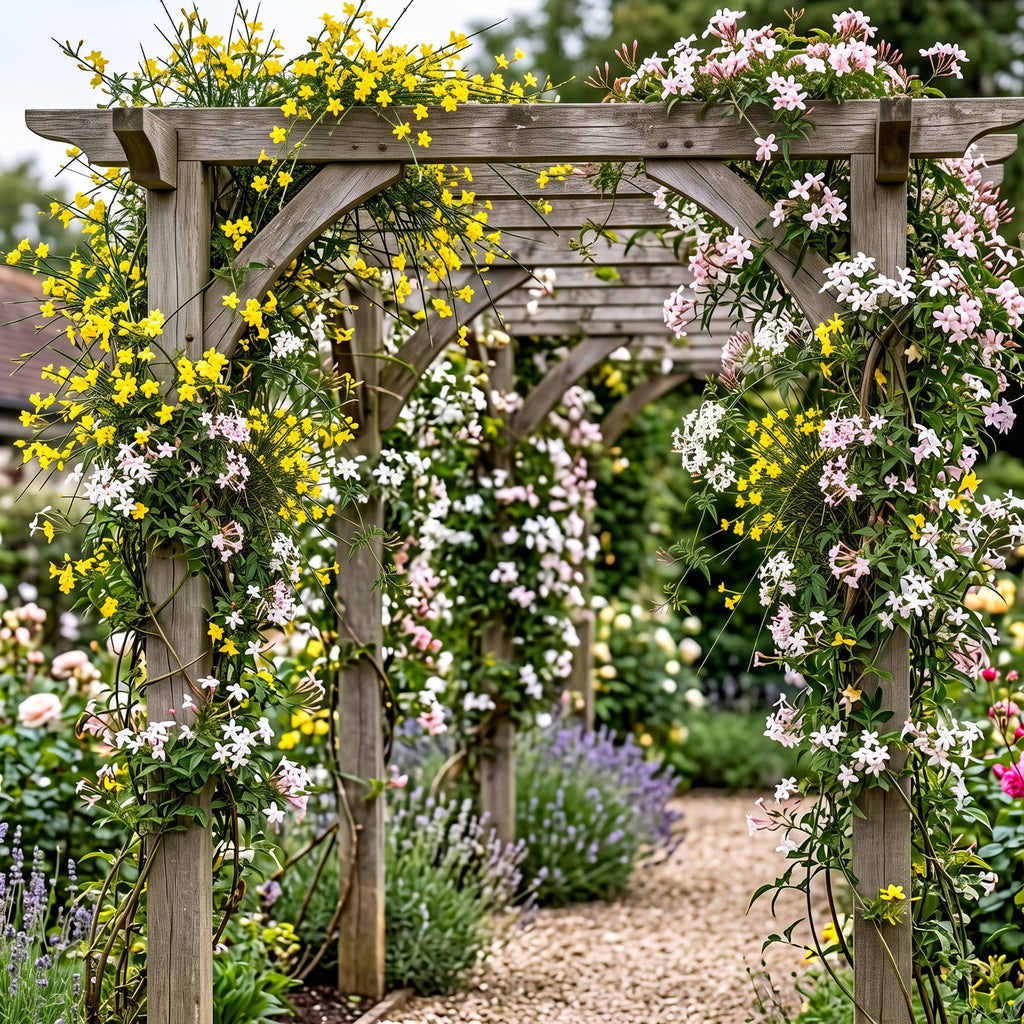 Jasminum 'Tricolour' (jasmin tricolore) – jaune-blanc-rose – 3 plantes, Ø9 cm, 35 cm de haut – photo 4