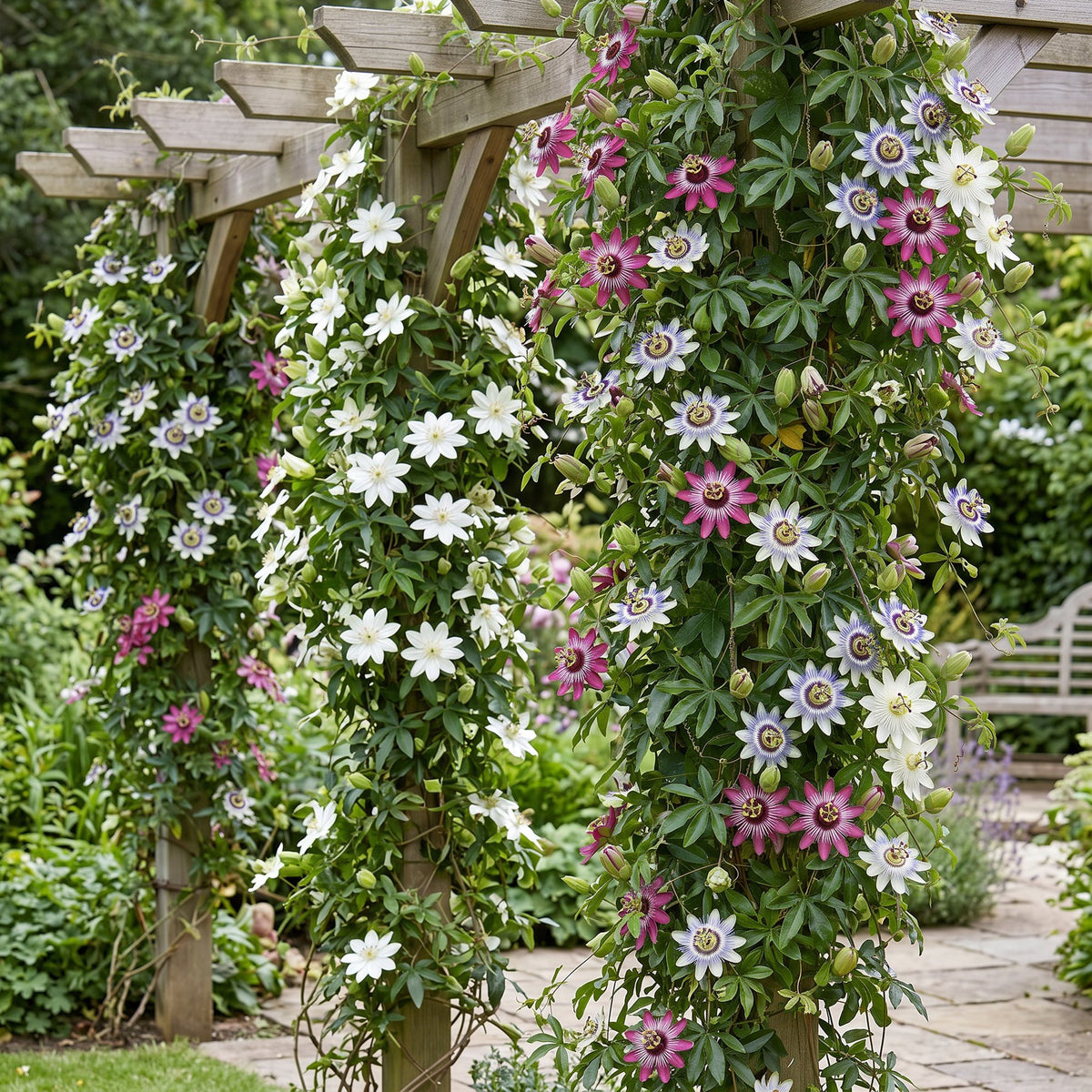 Passiflora 'Tricolour' (driekleurige passiebloem) – wit-paars-roze – 12 planten, Ø9 cm, 35 cm hoog – foto 4