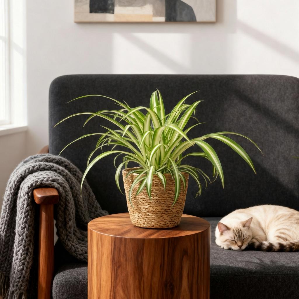 Chlorophytum comosum Variegatum (græsløg) med kurv – Ø12 cm, 20 cm høj