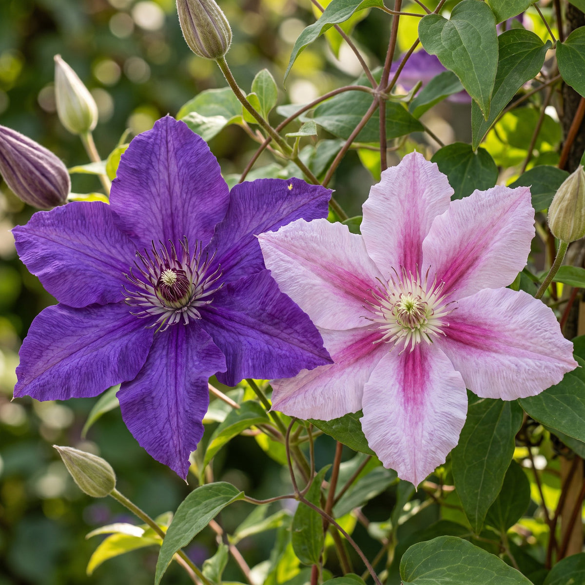 Clematis 'Duo Purple & Pink' (bosrank) – paars-roze-wit – 2 planten, Ø9 cm, 35 cm hoog