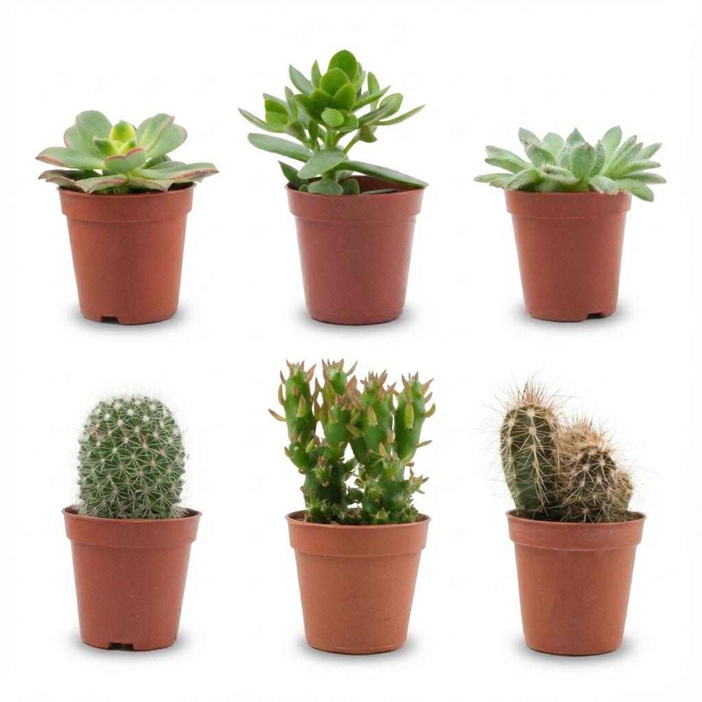 6× Mix af ægte kaktusser og sukkulenter (Cactaceae) – Ø6 cm, 5–10 cm høje