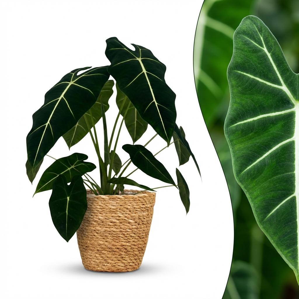 Alocasia Frydek (elefantøre) med kurv – Ø19 cm, 60 cm høj