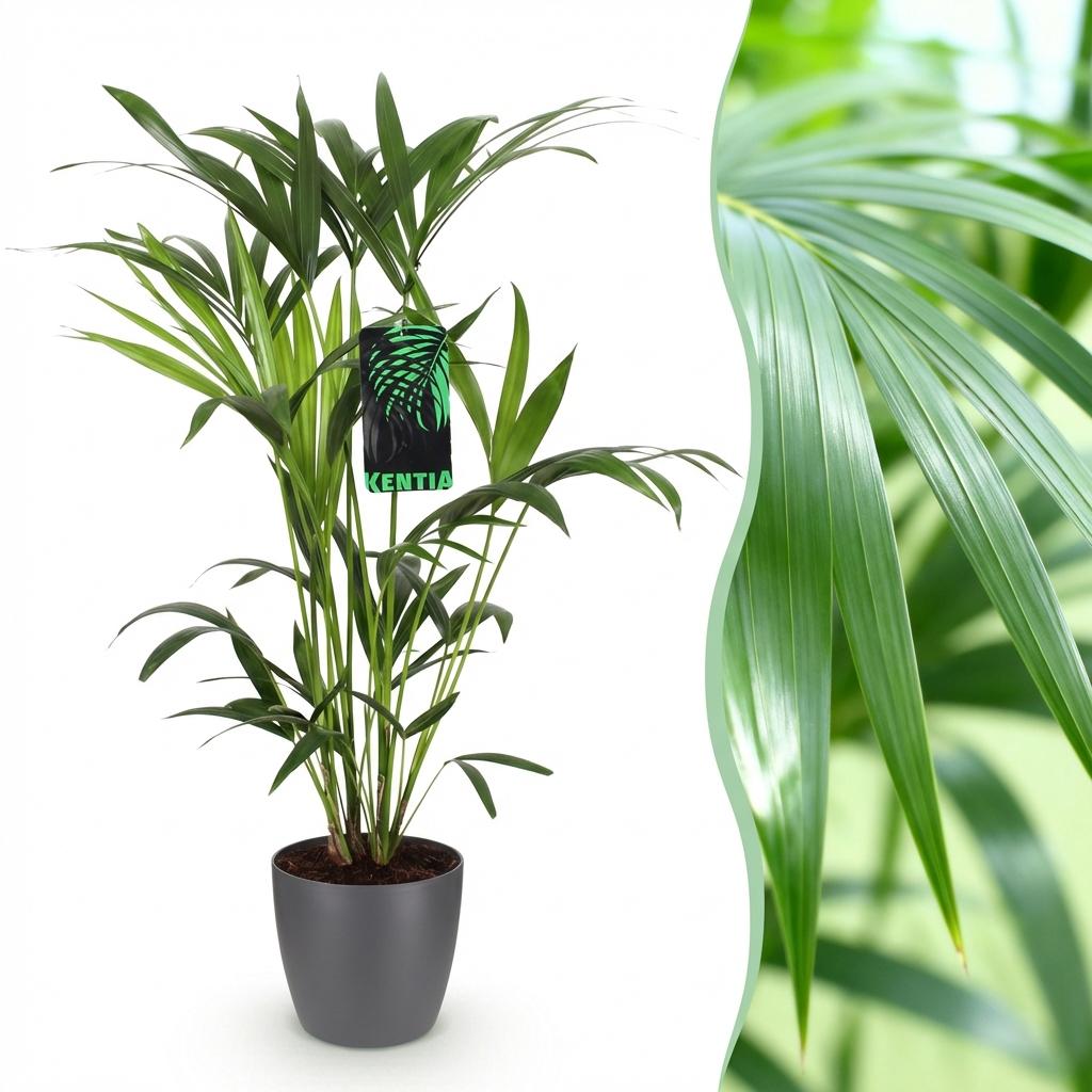 Howea forsteriana (Kentiapalme) im grauen Übertopf – Ø 19 cm, 80–85 cm hoch